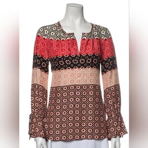 Derek Lam 10 Crosby Silk Oversized Patterned Blouse Taupe Pink Blk Wht O…